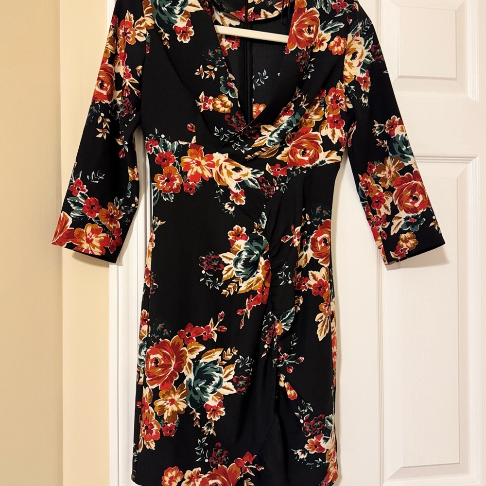Zara Black Dress with Red and Yellow Floral Design
